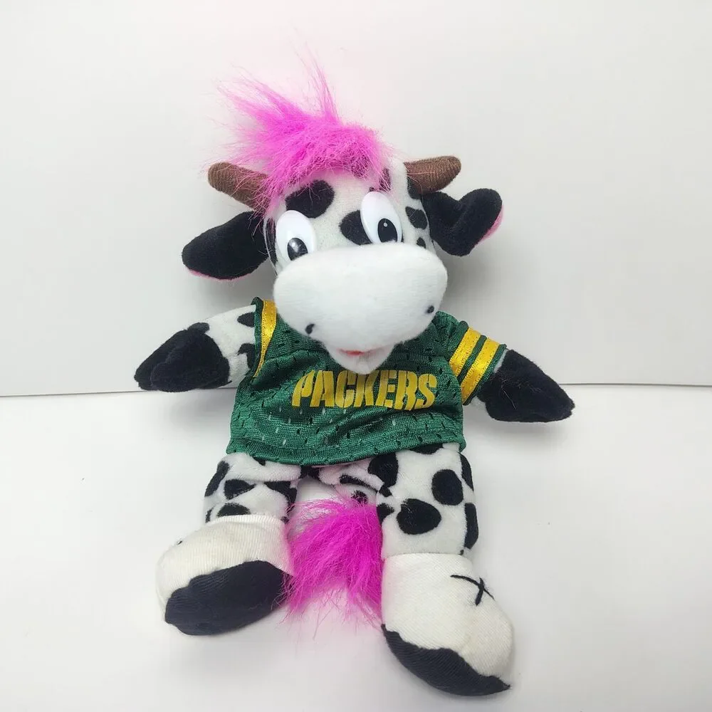 Vintage 1997 Green Bay Packers Plush Cow Stuffed Animal Pink Hair Jersey Mascot